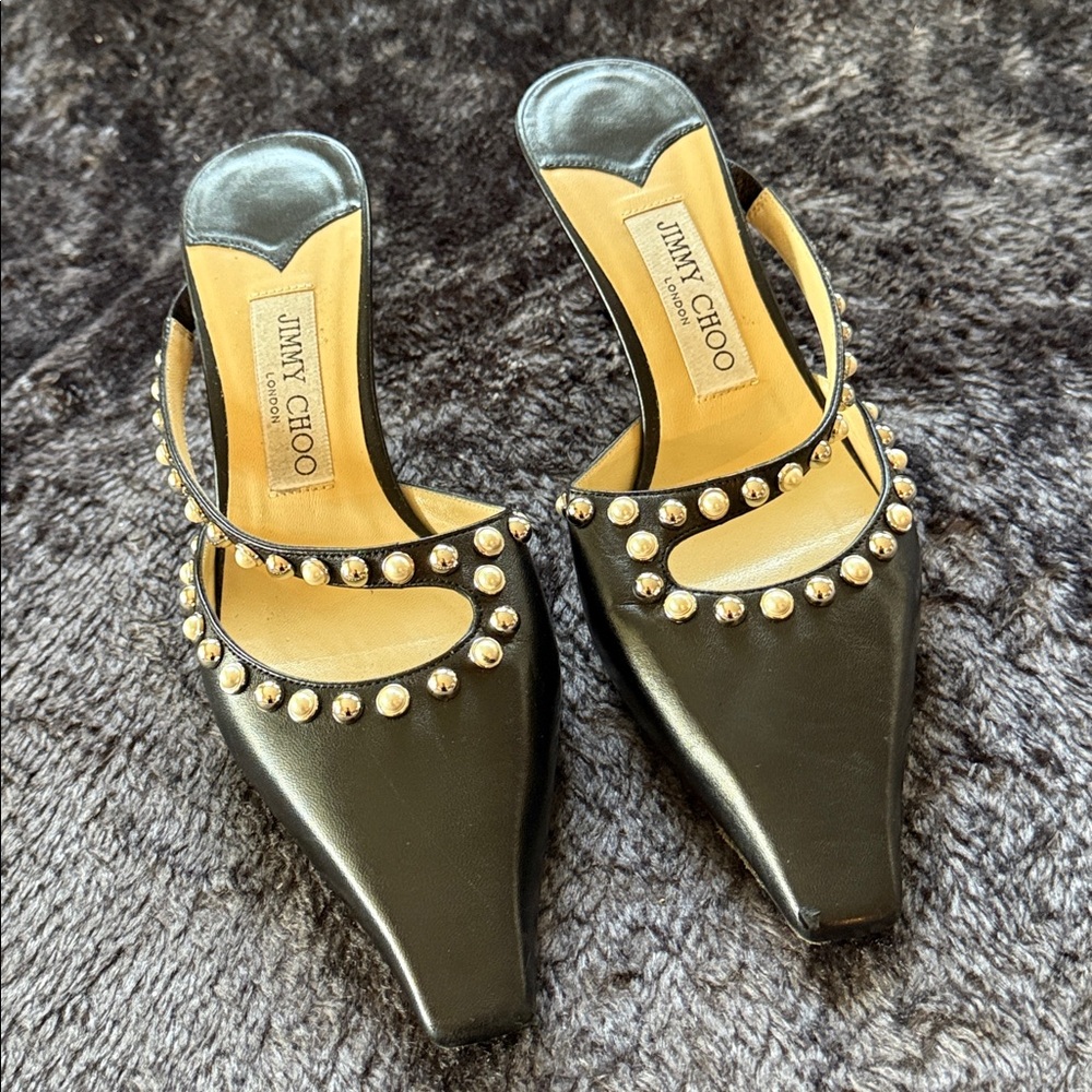 Jimmy Choo Ros 65 Black Leather Studded Metal Pearls Mules 39 … Gently loved!  🖤